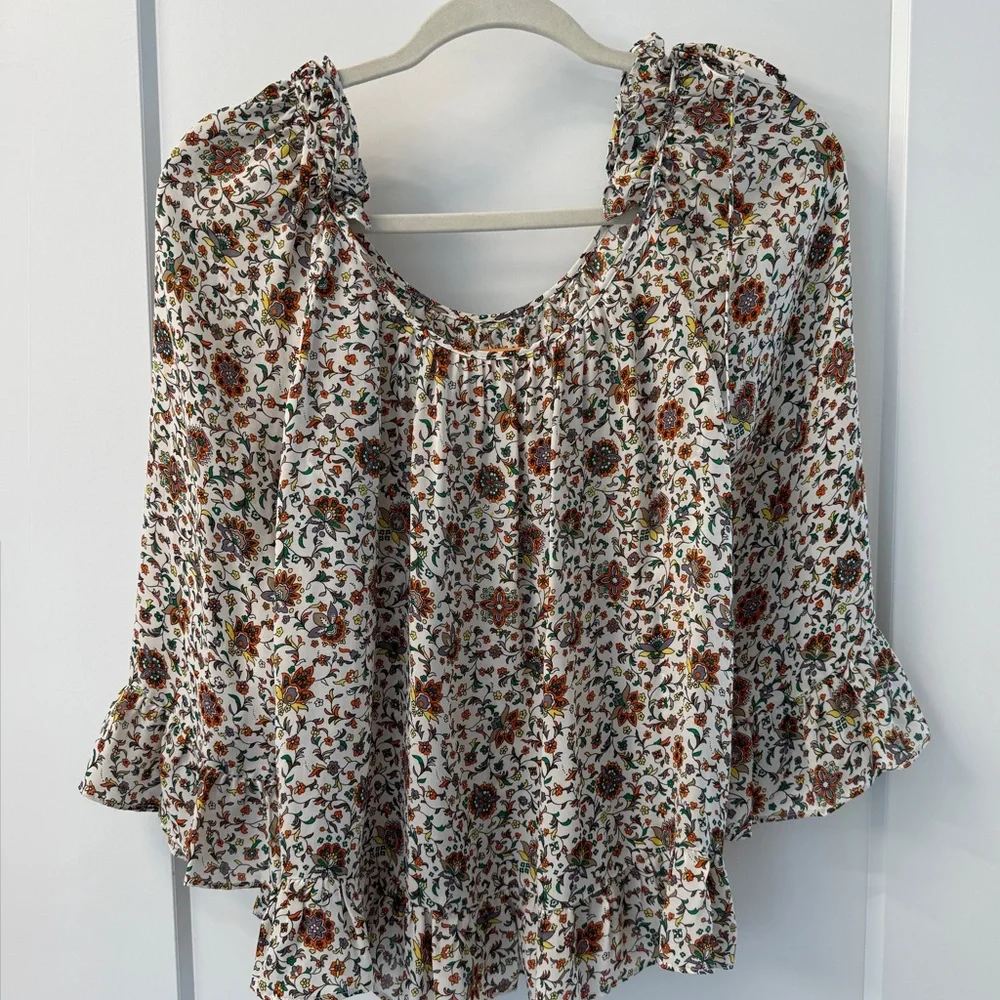 Tory Burch 100% Silk Botanical Woodblock Print Peasant Blouse Size 8 Boho Chic